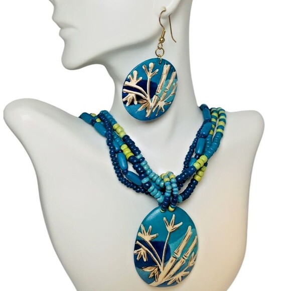Blue Hawaiian Flower Jewelry Set 18” Earrings Necklace Pendant Bohemian Bamboo - Picture 8 of 12